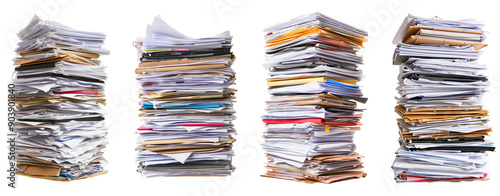 set of four different stack of papers documents work transparent background