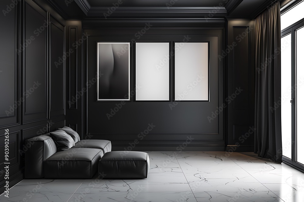 Fototapeta premium Luxurious yet cozy living room with a plush sofa, inviting armchair, and wooden table, softly illuminated
