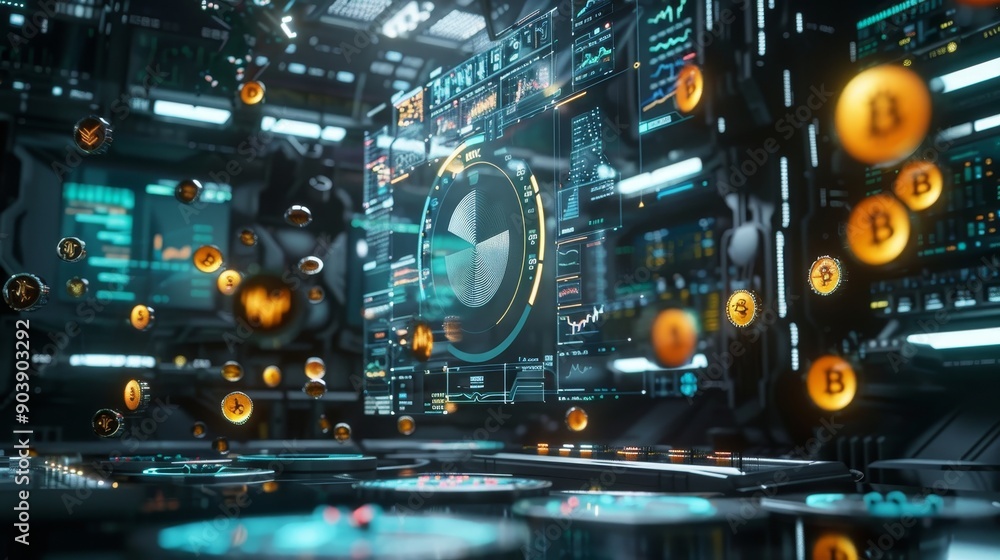 Digital Financial Forecast 3D Pie Chart Stock Indices and Cryptocurrency Coins in HighTech Analysis Lab Digital Financial Forecast 3D Pie Chart Stock Indices and Cryptocurrency Coins in HighTech Analysis Lab