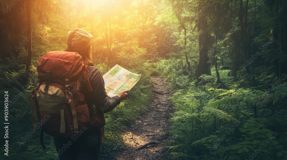 A lone hiker with a backpack reads a map in a sunlit forest. A lone hiker with a backpack reads a map in a sunlit forest.