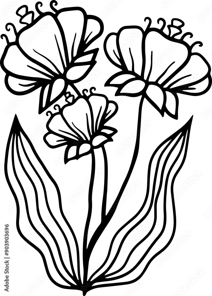 Line art hand drawn flower. Flower with leaves sketch thin line outline illustration Line art hand drawn flower. Flower with leaves sketch thin line outline illustration