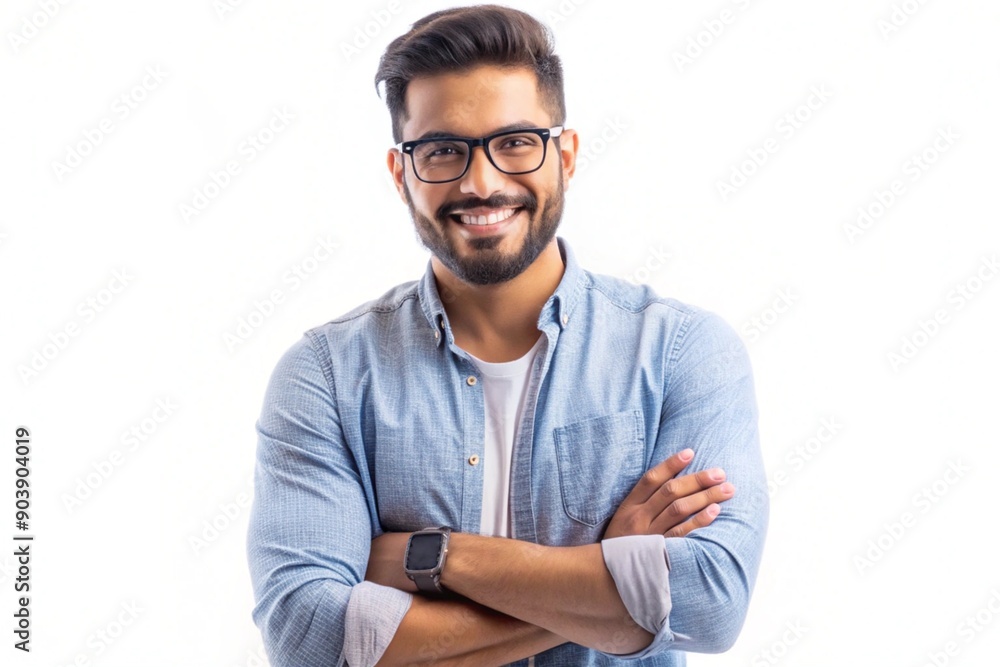 Latin hipster guy wearing glasses with his arms crossed and smiling on a white background,generative ai
Latin hipster guy wearing glasses with his arms crossed and smiling on a white background,generative ai