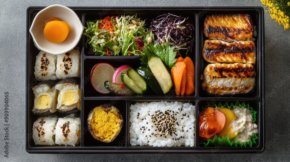 Japanese Bento Box with Grilled Fish, Sushi, and Vegetables Japanese Bento Box with Grilled Fish, Sushi, and Vegetables