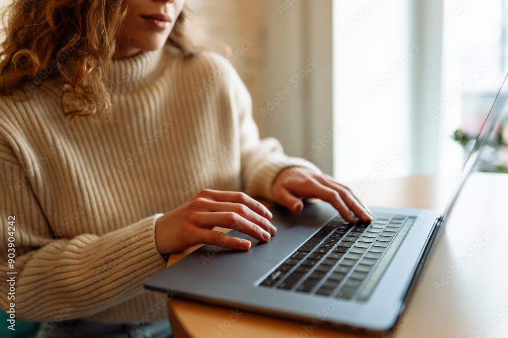 Woman working at home office hand on keyboard close up. Technology, internet, freelancer, online education, shopping. Cyber security concept Woman working at home office hand on keyboard close up. Technology, internet, freelancer, online education, shopping. Cyber security concept