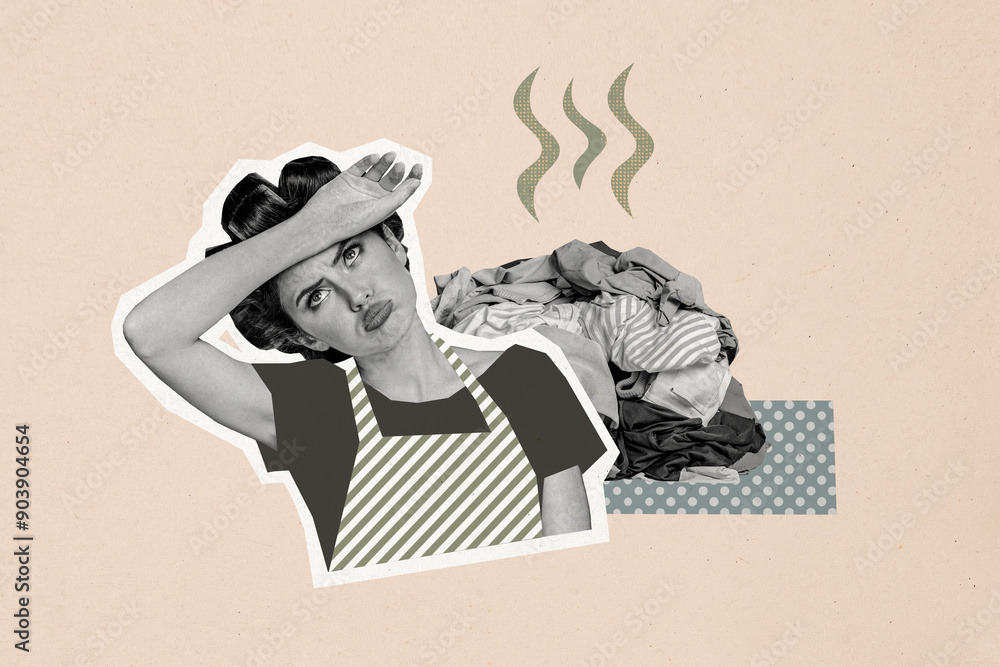 Composite trend artwork image photo collage of silhouette young lady pinup hairdo housewife tired face pile clothes dirty laundry domestic Composite trend artwork image photo collage of silhouette young lady pinup hairdo housewife tired face pile clothes dirty laundry domestic