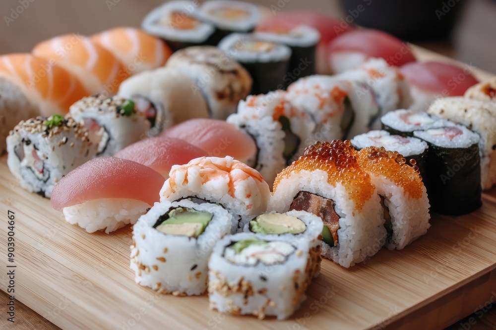A Variety of Sushi Rolls on a Wooden Platter A Variety of Sushi Rolls on a Wooden Platter