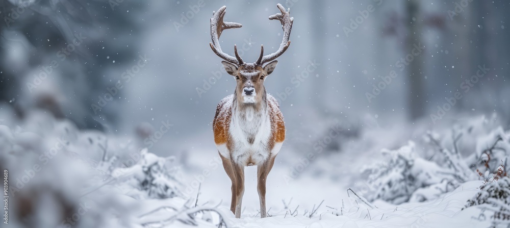Male deer at forest winter. Generative AI technology.
Male deer at forest winter. Generative AI technology.