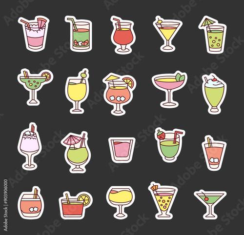 Refreshing cocktail. Sticker Bookmark. Summer drink in a glass. Hand style. Vector drawing. Collection of design elements.