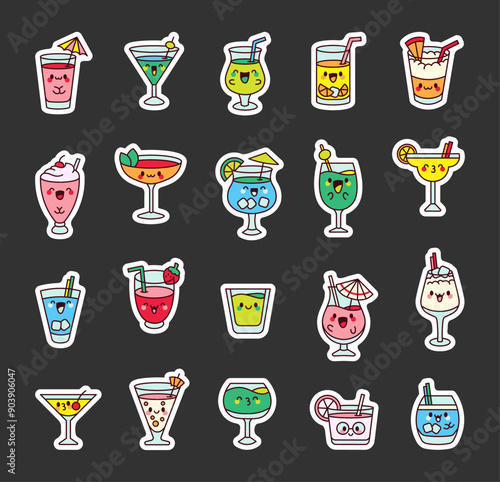 Adorable kawaii cocktail. Sticker Bookmark. Funny cartoon summer drink. Hand drawn style. Vector drawing. Collection of design elements.
