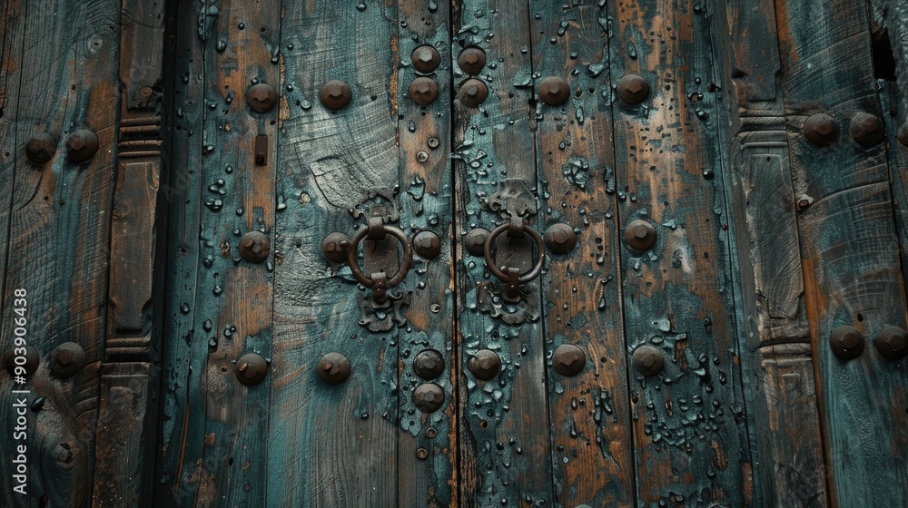 Ancient wooden door in aged structure Ancient wooden door in aged structure