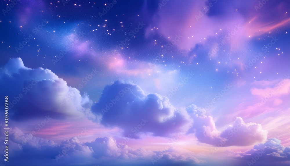 A heavenly clear sky of bright blues, purples, and pinks with ethereal, misty fluffy clouds with sparkles and copy space A heavenly clear sky of bright blues, purples, and pinks with ethereal, misty fluffy clouds with sparkles and copy space