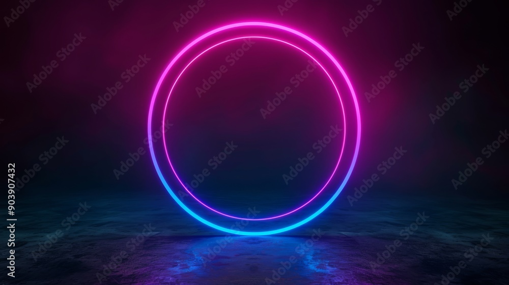 Bright neon circle with vibrant pink and blue lights on a dark atmospheric and futuristic background. Bright neon circle with vibrant pink and blue lights on a dark atmospheric and futuristic background.