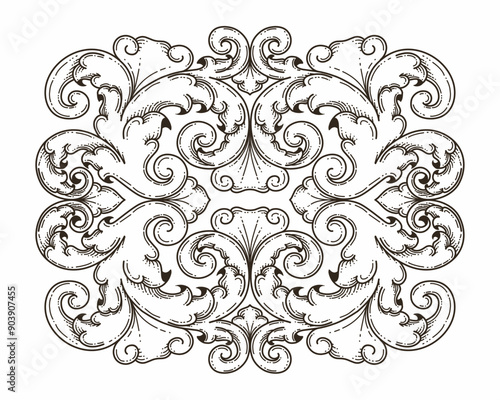 Isolated ornamental design. Ornamental elements for your designs. Black and white colors. Floral carving decoration for postcards, invitations, social media or wedding.