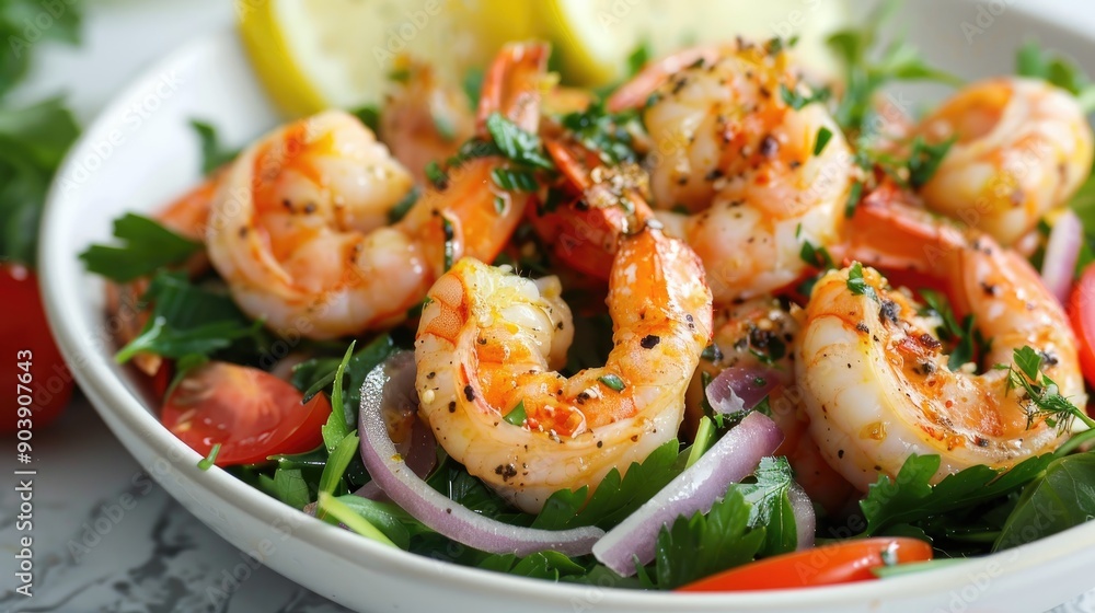 Appetizing shrimp salad with a kick of spice and tangy lemon flavor Appetizing shrimp salad with a kick of spice and tangy lemon flavor