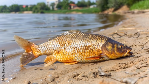 A graphic image showing the environmental crisis of dead fish in rivers and seas, a result of climate change