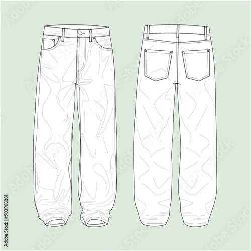 silhouette loose-fit wide-leg jeans, outline jeans, vector, illustration