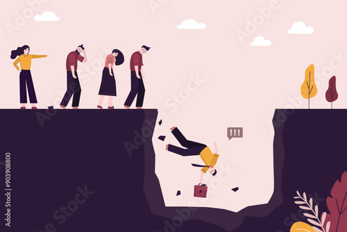 Stupid female boss leads employees to wrong way. Leader choose false direction. Bad money and risk management. Way to financial crisis, company bankrupt. Follower falls off cliff.