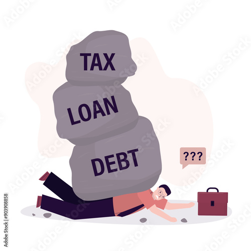 Businessman lies crushed under heavy debt stones. Metaphor of debt, loan and tax burden. Design isolated on white background. Financial problem, recession. Crisis and bankruptcy