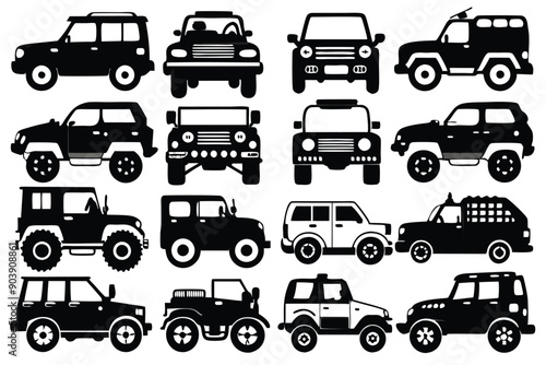 Side profile silhouette of Jeep Wrangler
Silhouette of a four-door Jeep Wrangler
4x4 Jeep in silhouette