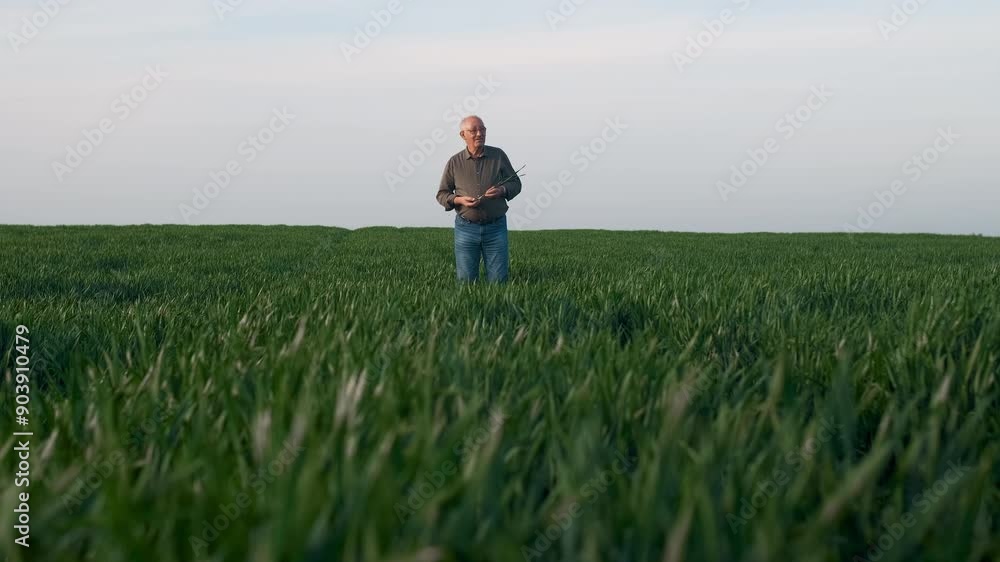 Portrait of senior farmer standing in wheat field examining crop in his hands. Portrait of senior farmer standing in wheat field examining crop in his hands.