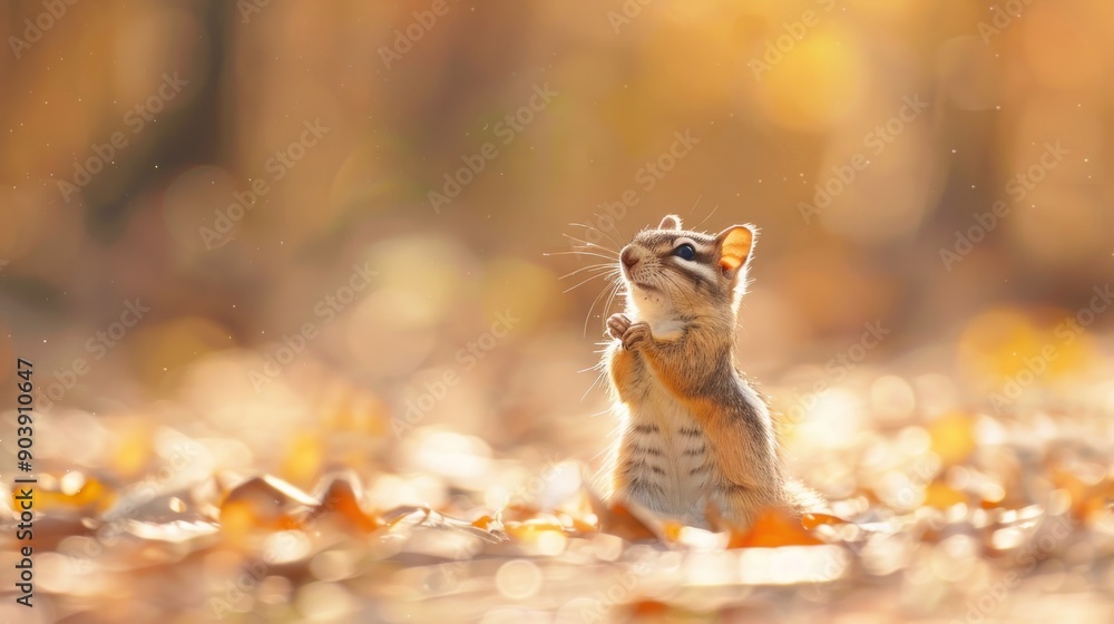 Fototapeta premium A cute chipmunk standing on its hind legs, savoring the moment with its tiny paws