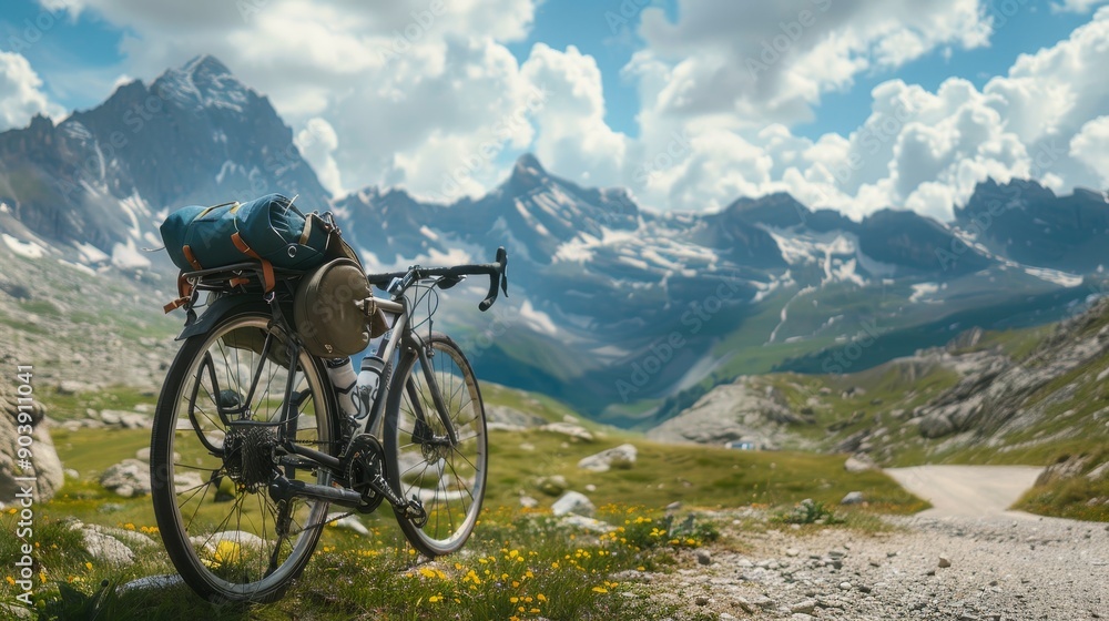 Adventure Awaits Touring Bicycle Pannier Bag on Mountain Pass Cycling Tours and Endurance Adventure Awaits Touring Bicycle Pannier Bag on Mountain Pass Cycling Tours and Endurance