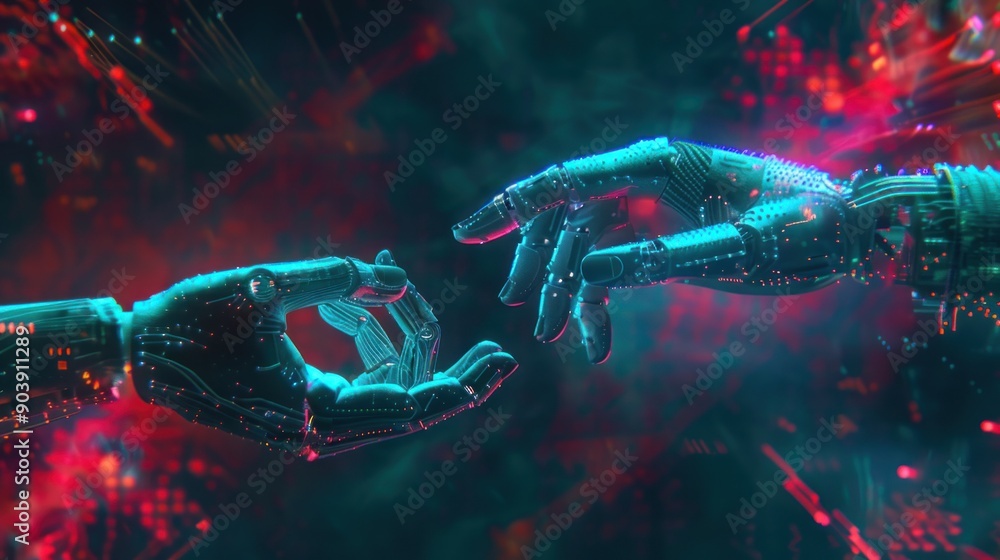 A digital art of hands reaching towards each other, one human and the ...