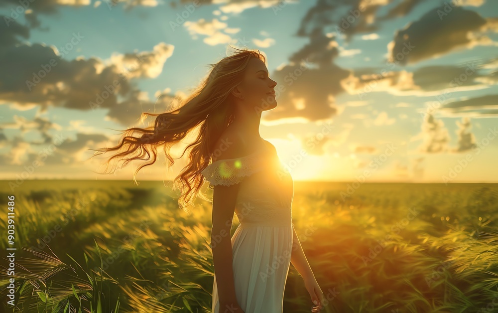Obraz premium Longhaired woman in a white dress standing in a green field, facing the sky as the sun sets, joyful expression on her face