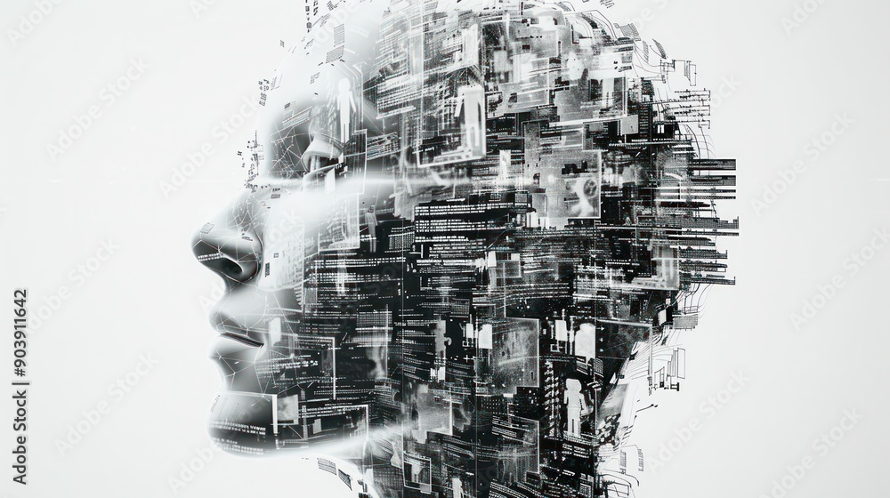A digital black and white collage of computer screens and code, forming the shape of an abstract human head with many parts in white background in the hyper-realistic style. screen print poster A digital black and white collage of computer screens and code, forming the shape of an abstract human head with many parts in white background in the hyper-realistic style. screen print poster