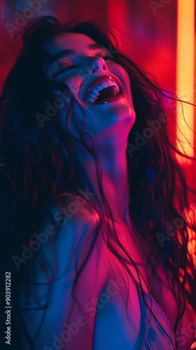 Woman with long black hair, closeup of her laughing and dancing in dark neon lights, minimalist background