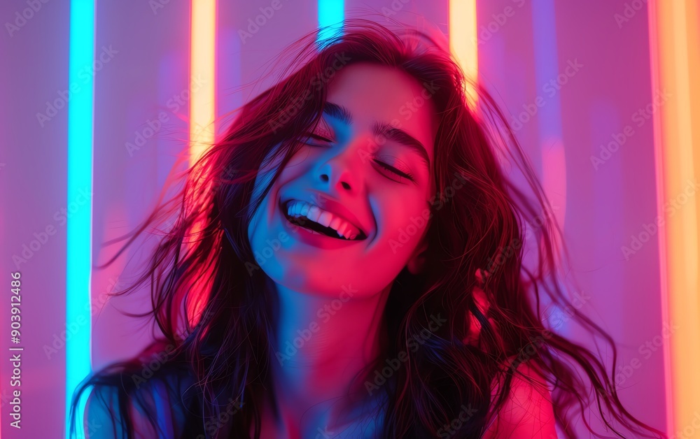 Beautiful woman with long black hair, laughing and dancing in dark neon lights, minimalist style background Beautiful woman with long black hair, laughing and dancing in dark neon lights, minimalist style background