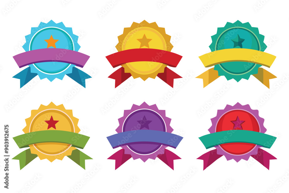 This white background design features a ribbon badge vector. This white background design features a ribbon badge vector.