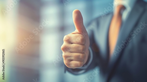 Businessman showing thumb up sign approving something photo