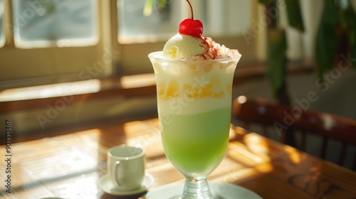 Melon Cream Soda with Vanilla Ice Cream and Cherry Popular Summer Drink in Tokyo s Cute Cafe photo