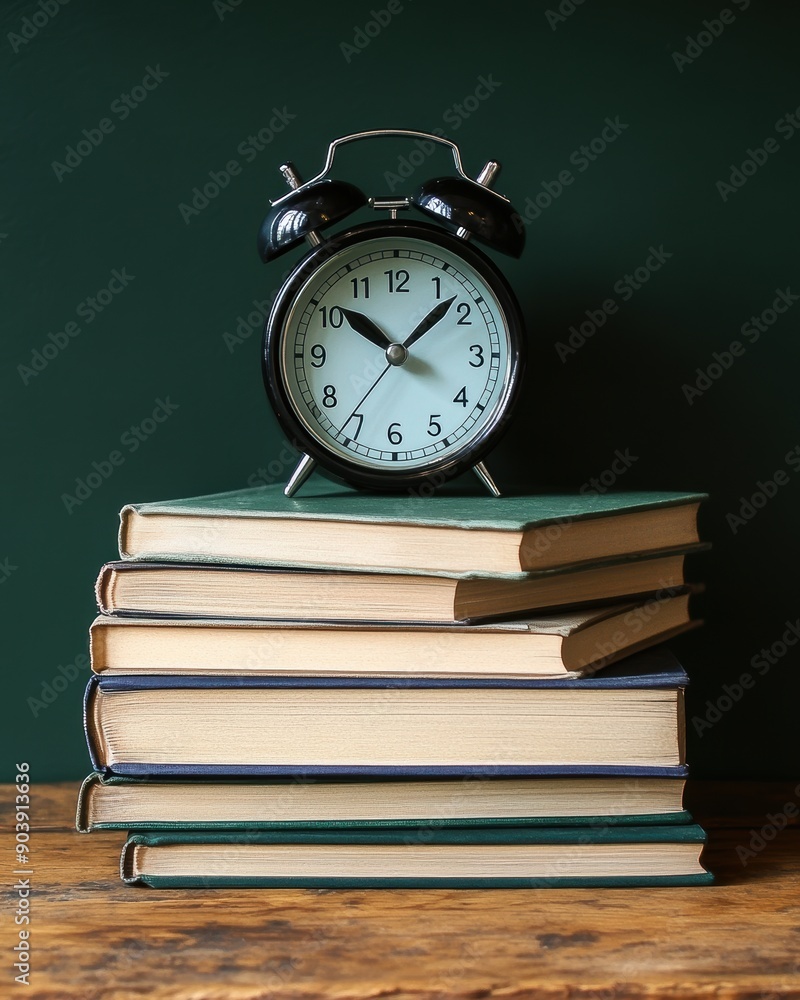 Black alarm clock ticking on stack of books on wooden desk Black alarm clock ticking on stack of books on wooden desk