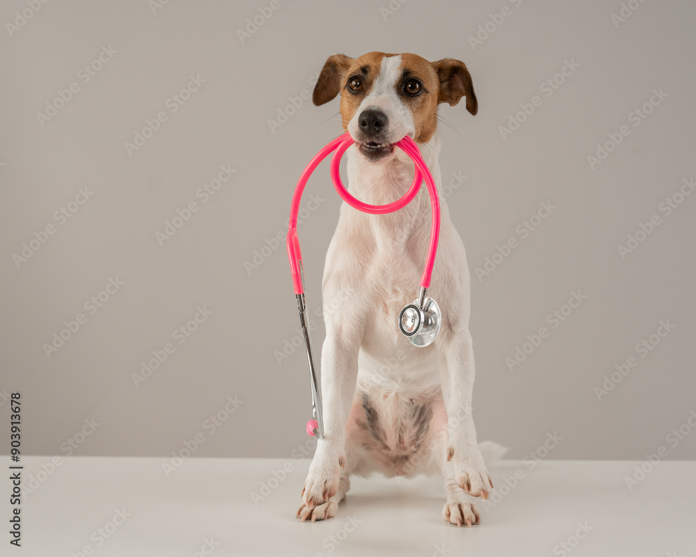 Jack Russell Terrier dog holds a stethoscope in his teeth on a white background. Jack Russell Terrier dog holds a stethoscope in his teeth on a white background.