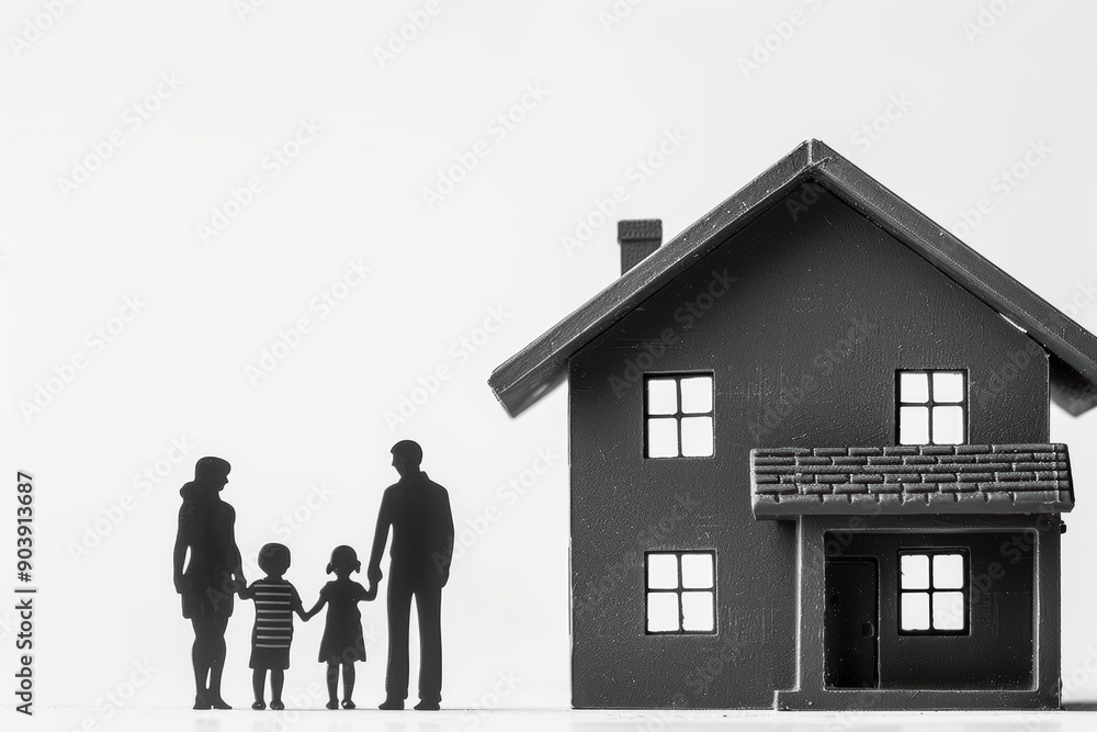 Family silhouettes standing near miniature house model on white background Family silhouettes standing near miniature house model on white background