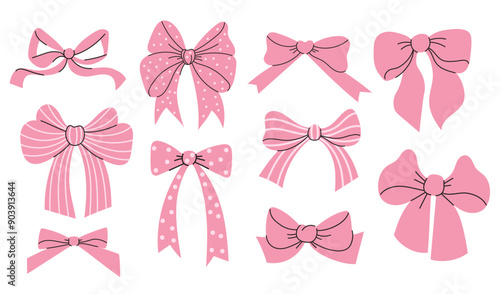 Coquette aesthetic pink ribbon bow collection. Isolated trend drawing elements. Vector illustration 