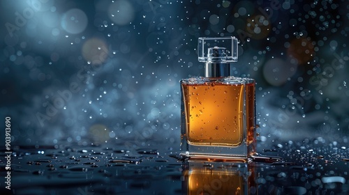 Men s cologne bottle on dark backdrop with sparkling water droplets photo