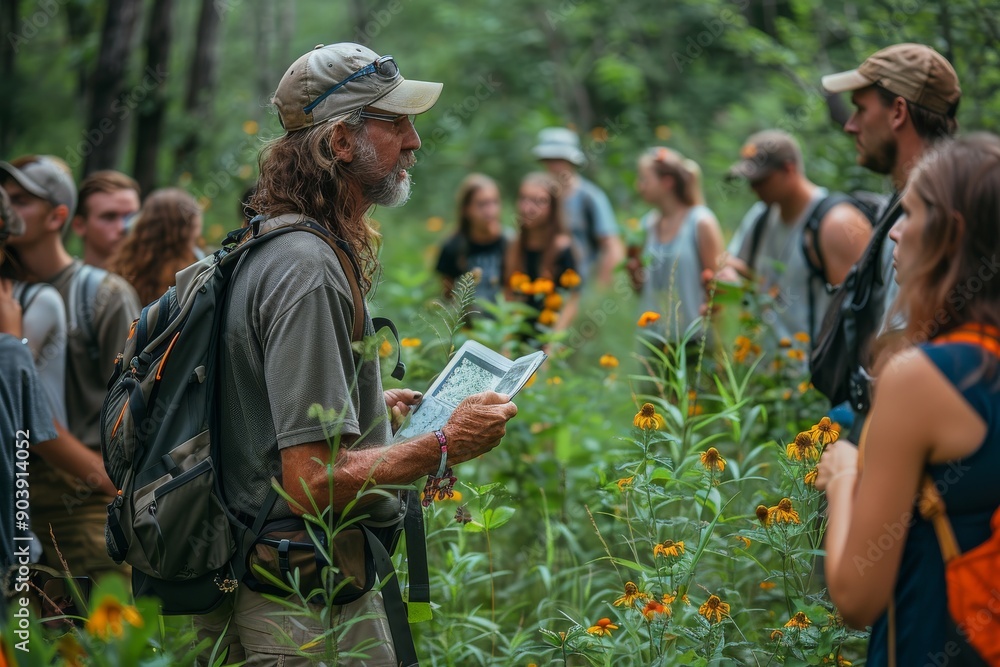 Obraz premium Professor guiding students through a field study, outdoor learning, hands-on experience. Generative AI