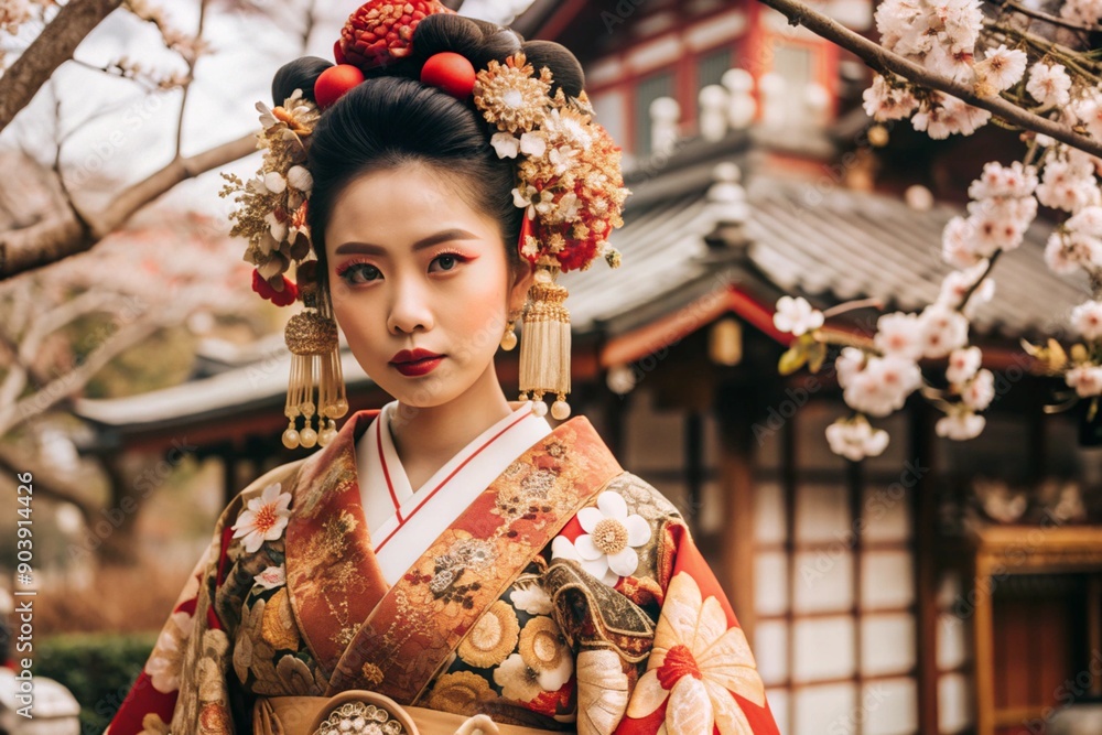 A Japanese girl in a traditional national costume - a kimono. Against the background of houses, lanterns and cherry trees. The portrait symbolizes the traditions and culture of the people of Japan. A Japanese girl in a traditional national costume - a kimono. Against the background of houses, lanterns and cherry trees. The portrait symbolizes the traditions and culture of the people of Japan.