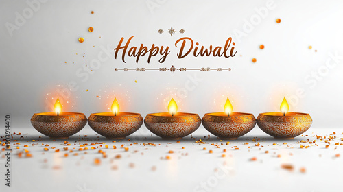 Row of traditional Diwali oil lamps with glowing flames and 