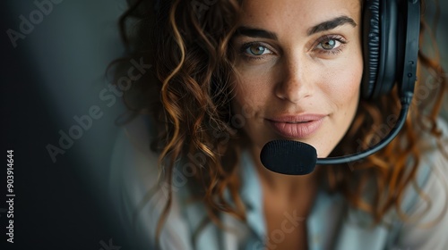 A woman with curly hair uses a headset for work communication, focusing intently, representing professionalism and effective business communication within a modern workspace. photo