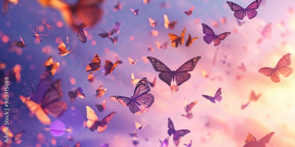 Experience a breathtaking array of butterflies displaying vibrant colors against a stunning sunset backdrop Experience a breathtaking array of butterflies displaying vibrant colors against a stunning sunset backdrop