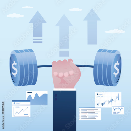 Businessman hand holding coin dumbbells. Increase profit and earnings. Successful investor or trader. Strong economic or financial conditions. The value of stocks to fast growing.