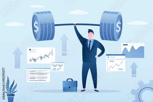 Confident businessman holding coin dumbbells. Increase profit and earnings. Successful investor or trader. Strong economic or financial conditions. Value of stocks to fast growing