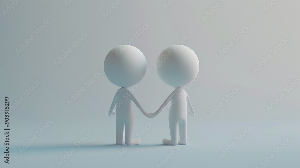 Two White 3D Figures Holding Hands on a Blue Background Two White 3D Figures Holding Hands on a Blue Background