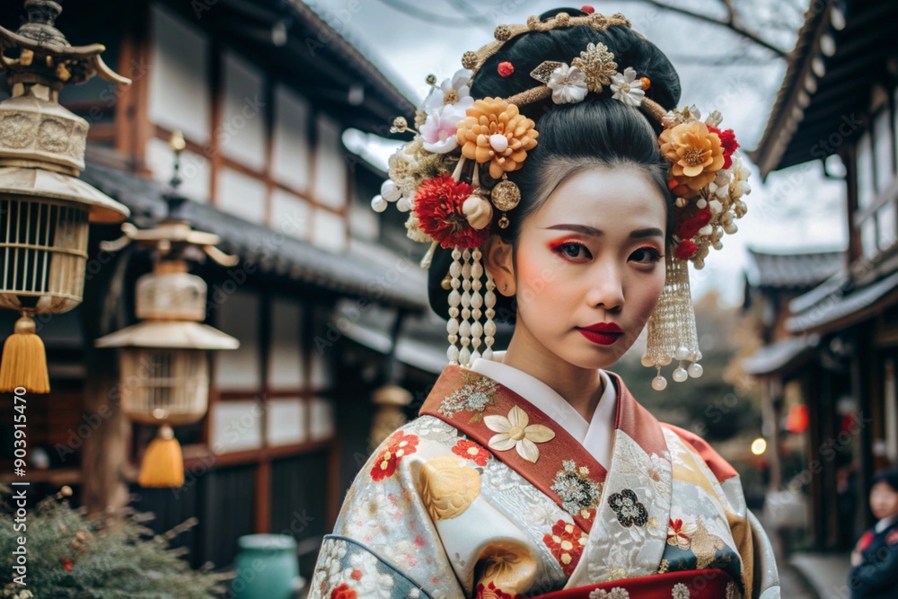 A Japanese girl in a traditional national costume - a kimono. Against the background of houses, lanterns and cherry trees. The portrait symbolizes the traditions and culture of the people of Japan. A Japanese girl in a traditional national costume - a kimono. Against the background of houses, lanterns and cherry trees. The portrait symbolizes the traditions and culture of the people of Japan.