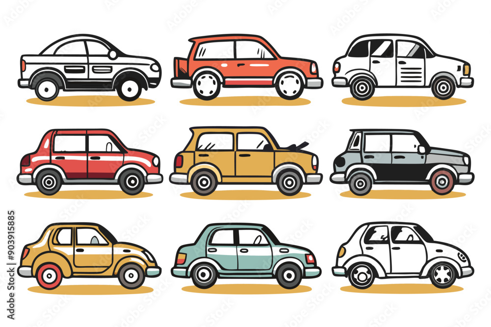 Artistic collection of hand-drawn car icons representing diverse vehicles with whimsical charm and imaginative details. Artistic collection of hand-drawn car icons representing diverse vehicles with whimsical charm and imaginative details.