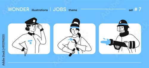 Professions and jobs for women - line design style illustration with copy space for text. Composition with policeman in a cap, welder in a protective mask, fireman with a hose and water. Feminism